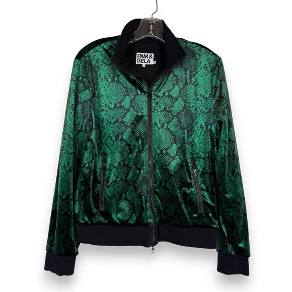Pam & Gela Track Jacket Green Velour Velvet Snake Print Streetwear Medium - Picture 9 of 9